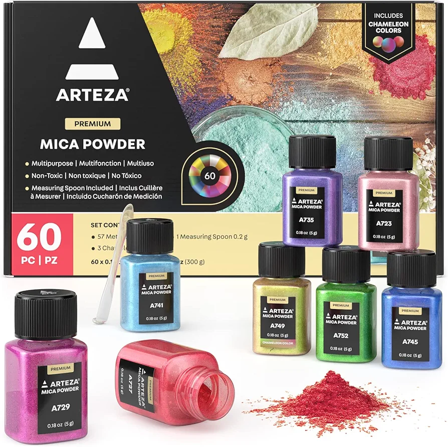 ARTEZA Mica Powder for Epoxy Resin, Set of 60, Assorted Colors, 0.18 oz Bottles, Mica Powder for Candle Making and DIY Crafts