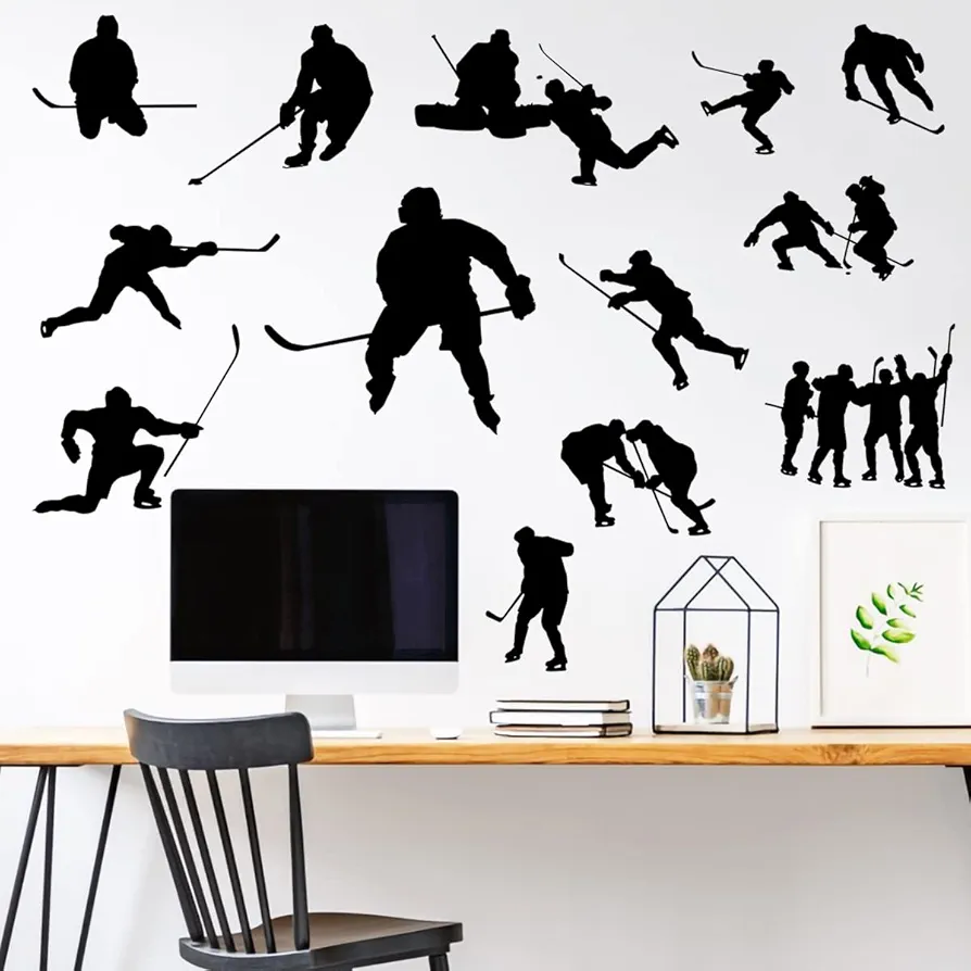 Removable Hockey Player Silhouette Wall Sticker Hockey Sport Wall Decal Peel & Stick Boys Teens Room Decor Classroom Game Room Playroom Wall Decoration