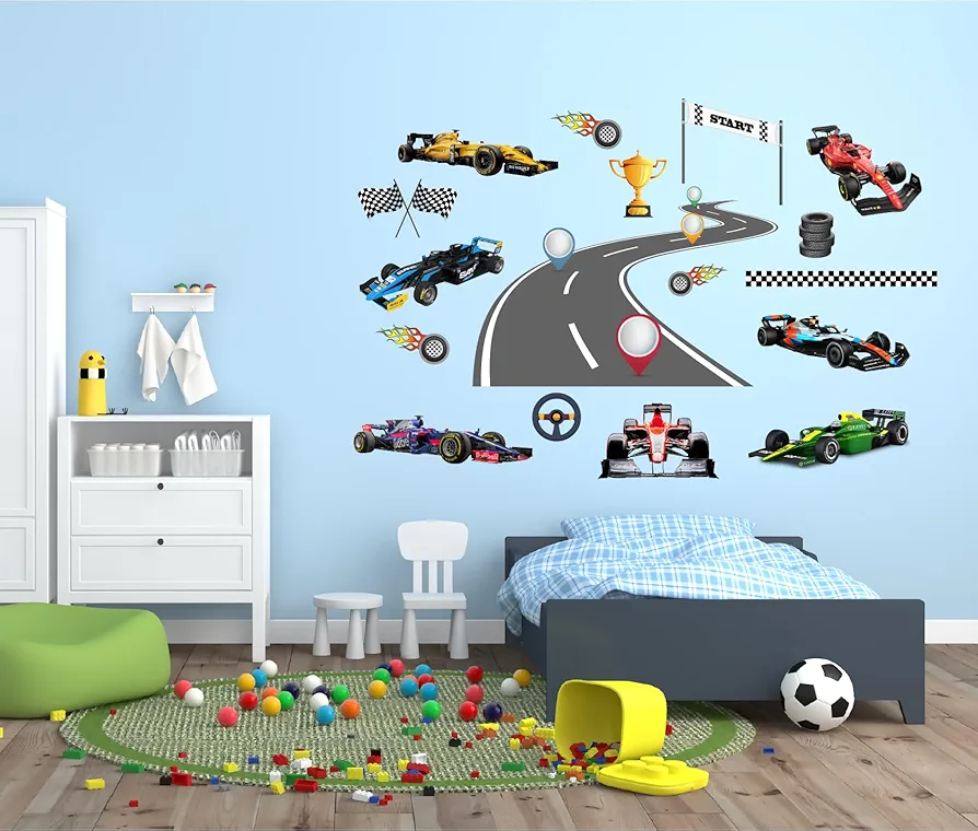 Racing Car Wall Decal for Kids Room - Race Cars Wall Decals for Bedroom - Vehicles Roads Wall Art Stickers - Tire Tracks F1 Sticker Art Vinyl Wallpaper - Hot Cars Wall Mural Sticker Decoration