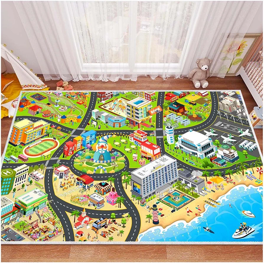 Kids Car Rug Play Mat Carpet for Toys Cars, Educational City Life Road Traffic Rug for Playroom Kids Room Bedroom Decor, Non-Slip Activity Floor Mats for Boy Girl(Green,4'x6')