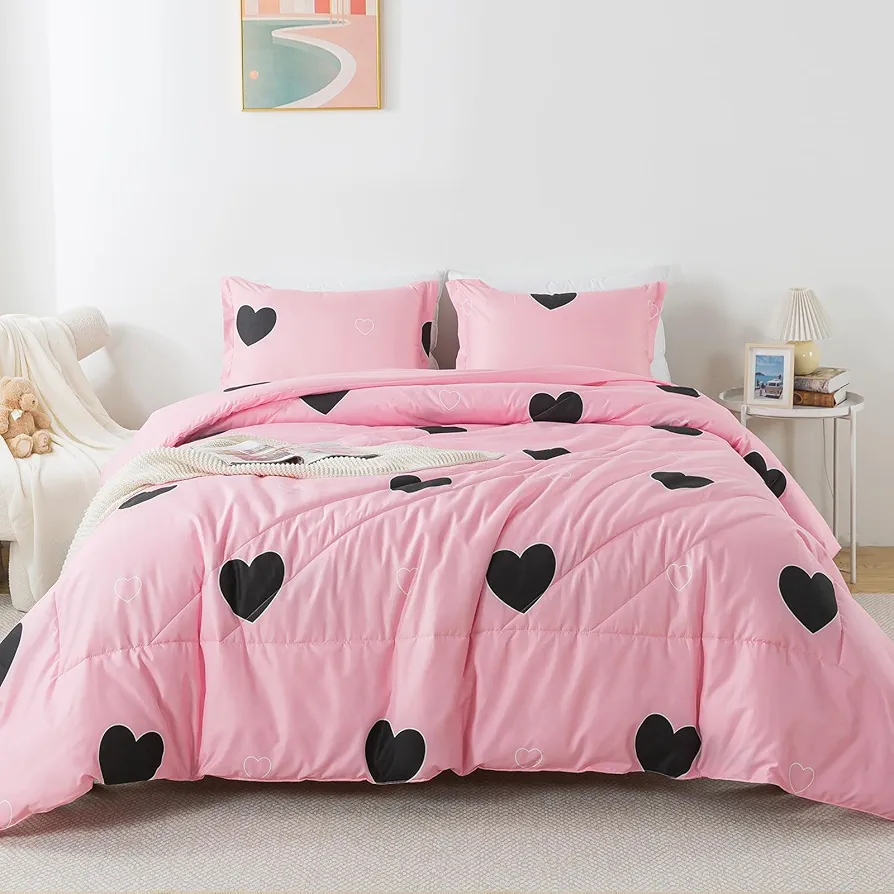 Blush Pink Love Comforter Set Queen Size, Cute Heart Pattern Bedding Comforter for Girls Women, 3 Pieces Soft Microfiber Fluffy Lovely Comforter Set for All Seasons Room Decor