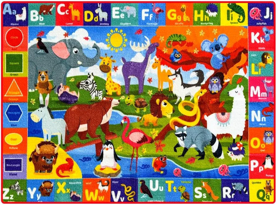 QUOKKA Classroom Rug for Kids - 78x59 ABC Rugs for Playroom - Alphabet Learning Area Rug for Bedroom - Animals Toddler Rug for Boys and Girls - Carpet for Kids Room