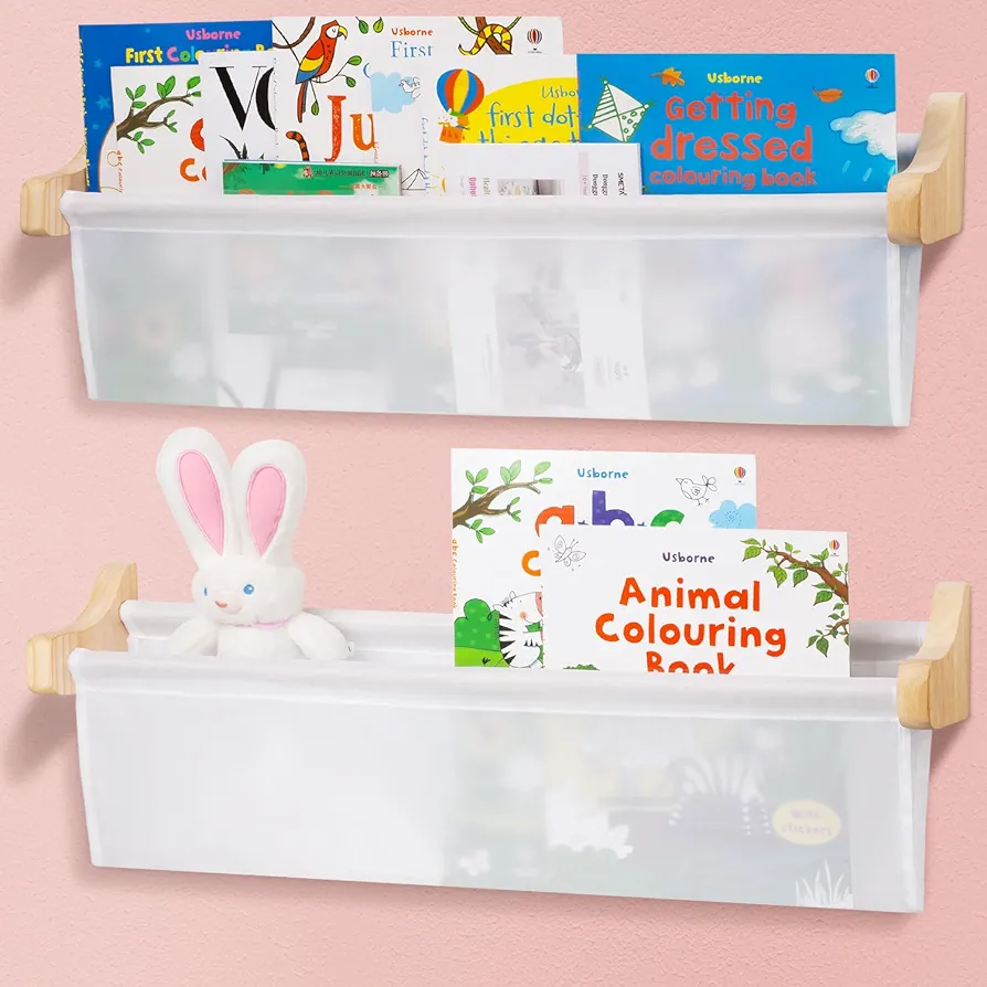 Kids' Bookshelf Set of 2, Wall Mounted Floating Nursery Book Shelves, Bookshelf with Deep Pocket, Children's Bookcase Display for Nursery, Playroom or Kids Room