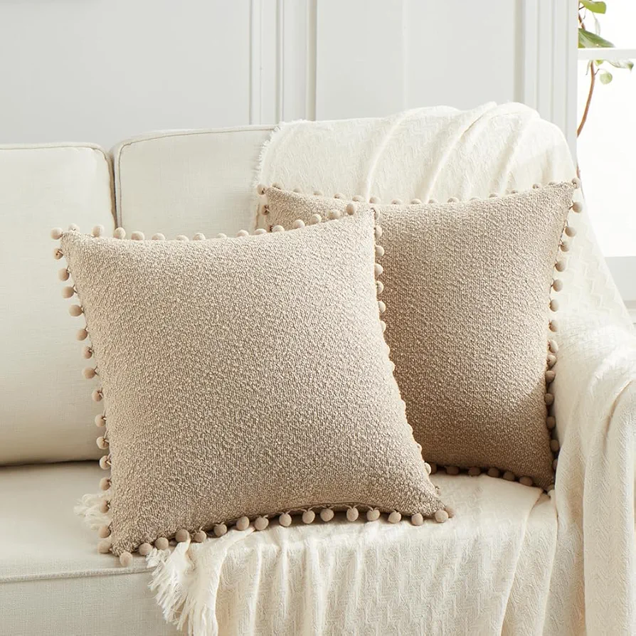 Fancy Homi Set of 2 Oatmeal Textured Boucle Decorative Throw Pillow Covers 20x20 Inch with Pom Poms for Couch Sofa Bedroom, Aesthetic Modern Boho Home Decor, Soft Tan Cute Pillow Case 50x50 cm