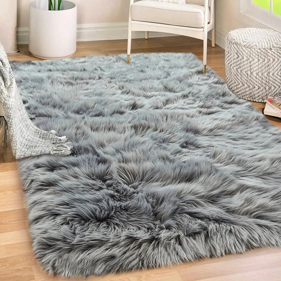 Gorilla Grip Fluffy Faux Fur Rug, 5x7, Machine Washable Soft Furry Area Rugs, Rubber Backing, Plush Floor Carpets for Baby Nursery, Bedroom, Living Room Shag Carpet, Luxury Home Decor, Gray