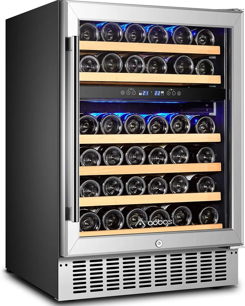 AAOBOSI 46 Bottles Wine Fridge, 24 Inch Wine Cooler with Dual Zone with Blue LED Light and Adjustable Shelves, Double-Layer Glass Door Wine Refrigerator Under Counter for Kitchen or Living Room