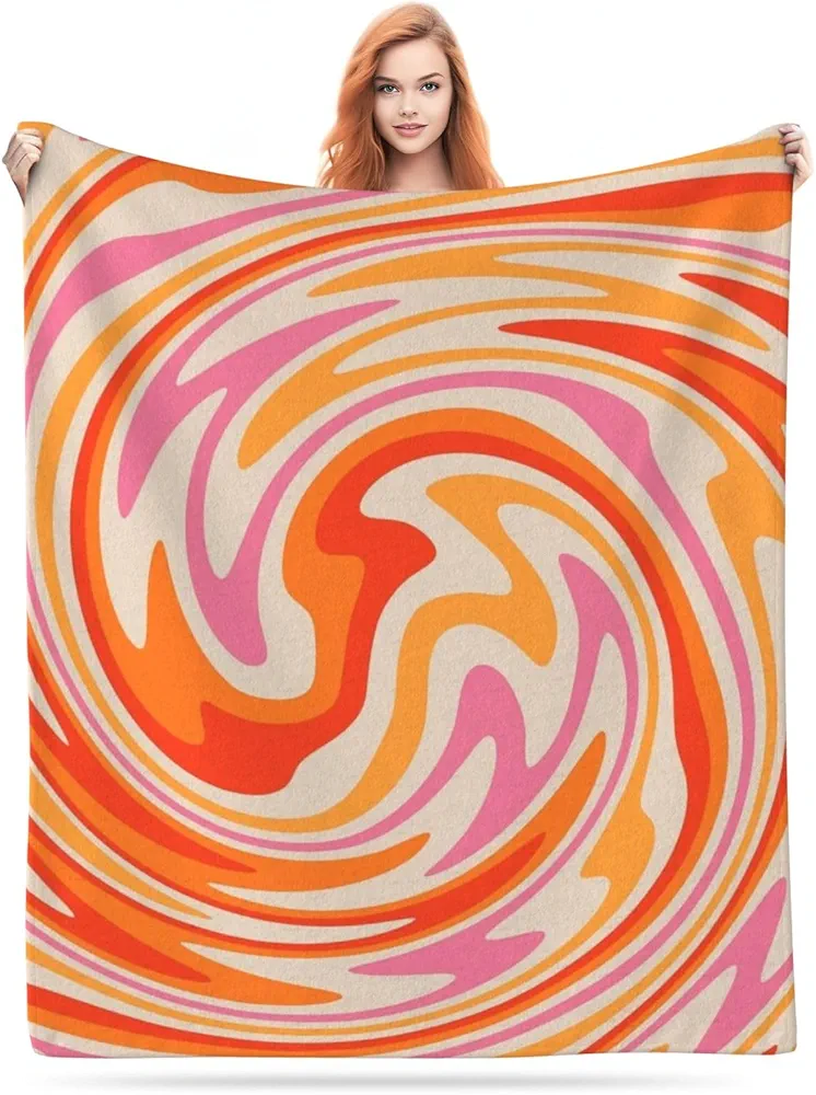 Retro 60s 70s 80s Pink and Orange and Yellow Color Flannel Fleece Blanket Lightweight Cozy Bed Soft Throw Blanket Fit Couch Sofa for for Home Bedding Living Room Traveling Camping 50 X40