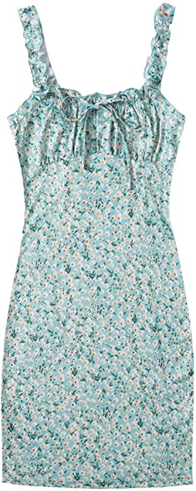 SheIn Women's Floral Tie Neck Sleeveless Ruched Bust Frill Trim Bodycon Short Dress