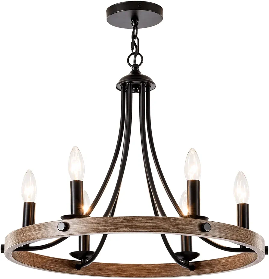 Wagon Wheel Chandelier - Perfect Farmhouse Chandelier Dining Room Light Fixture and Black Chandelier - 6 Light Rustic Metal Chandeliers with Candle Lights, No Bulbs