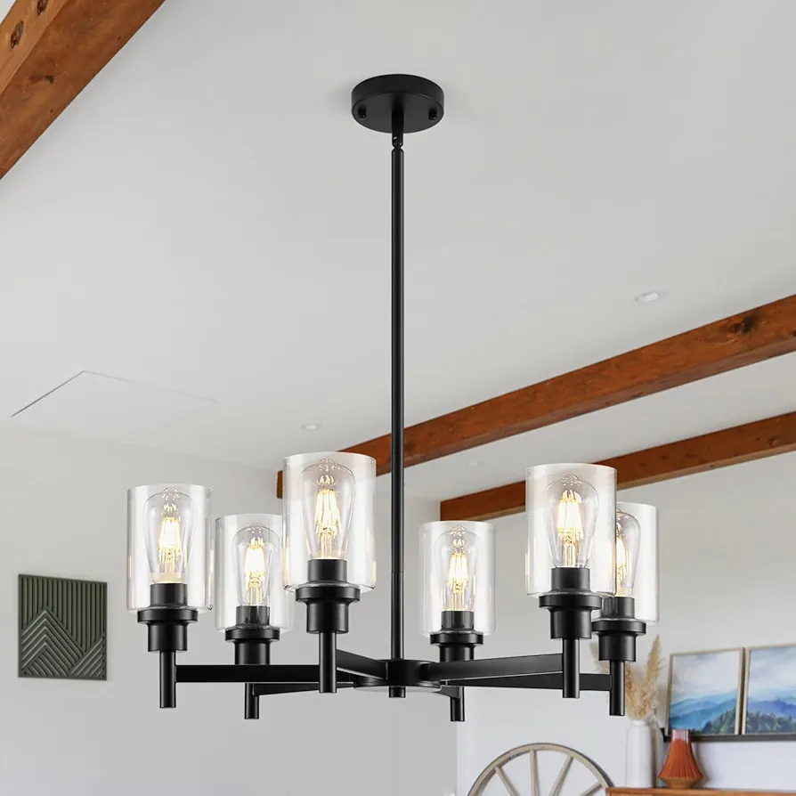 6 Lights Black Chandelier Light Fixture for Dining Room, Farmhouse Contemporary Modern Pendant Ceiling Hanging Lighting with Glass Shade for Dinning Room Kitchen Island Foyer Hallway