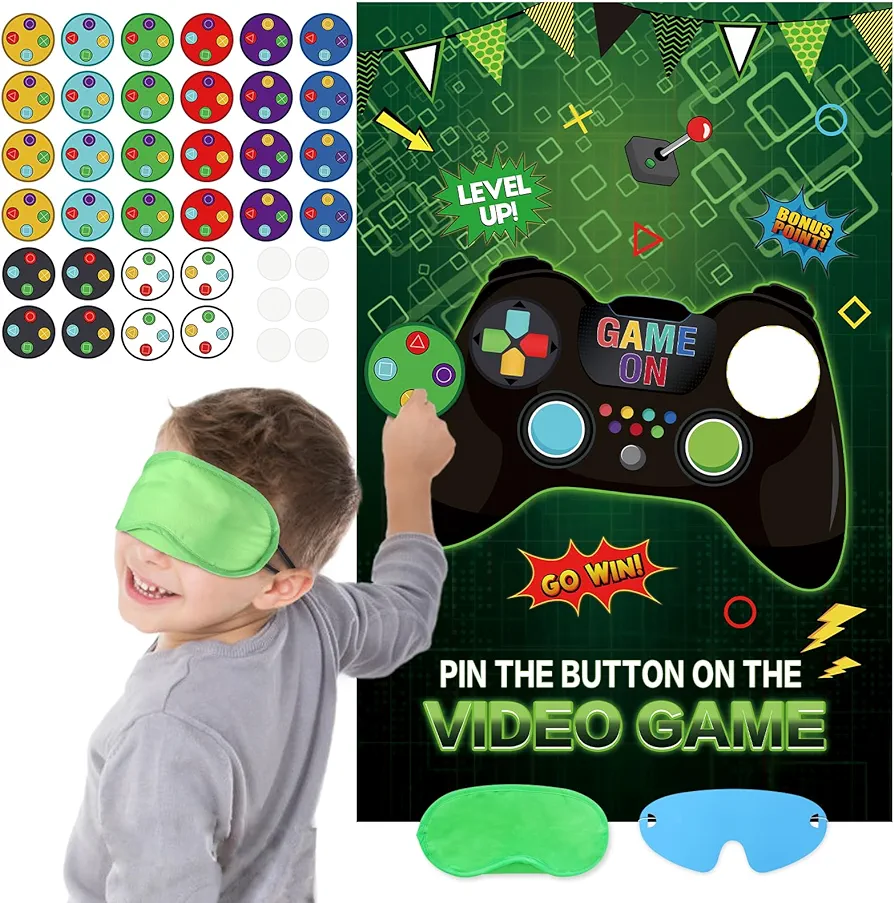 Pin the Button on the Video Game with 32PCS Video Game Stickers 20’’ X 28’’ Video Game Party Favors Poster for Kids Wall Home Room Video Game Birthday Party Decorations Supplies