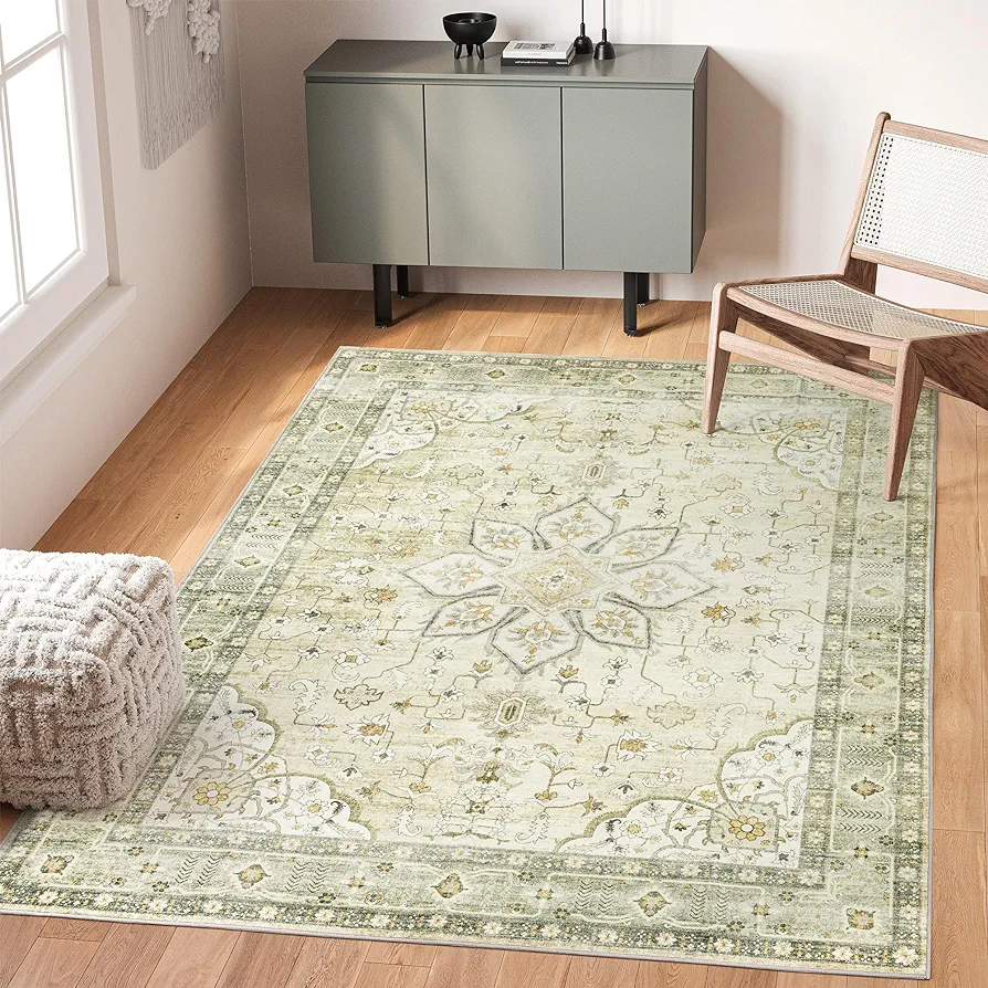 Valenrug Area Rug 8x10 - Stain Resistant Bedroom Rug, Anti Slip Machine Washable Rug, Vintage Tones Rugs for Living Room(8'x10', Green)