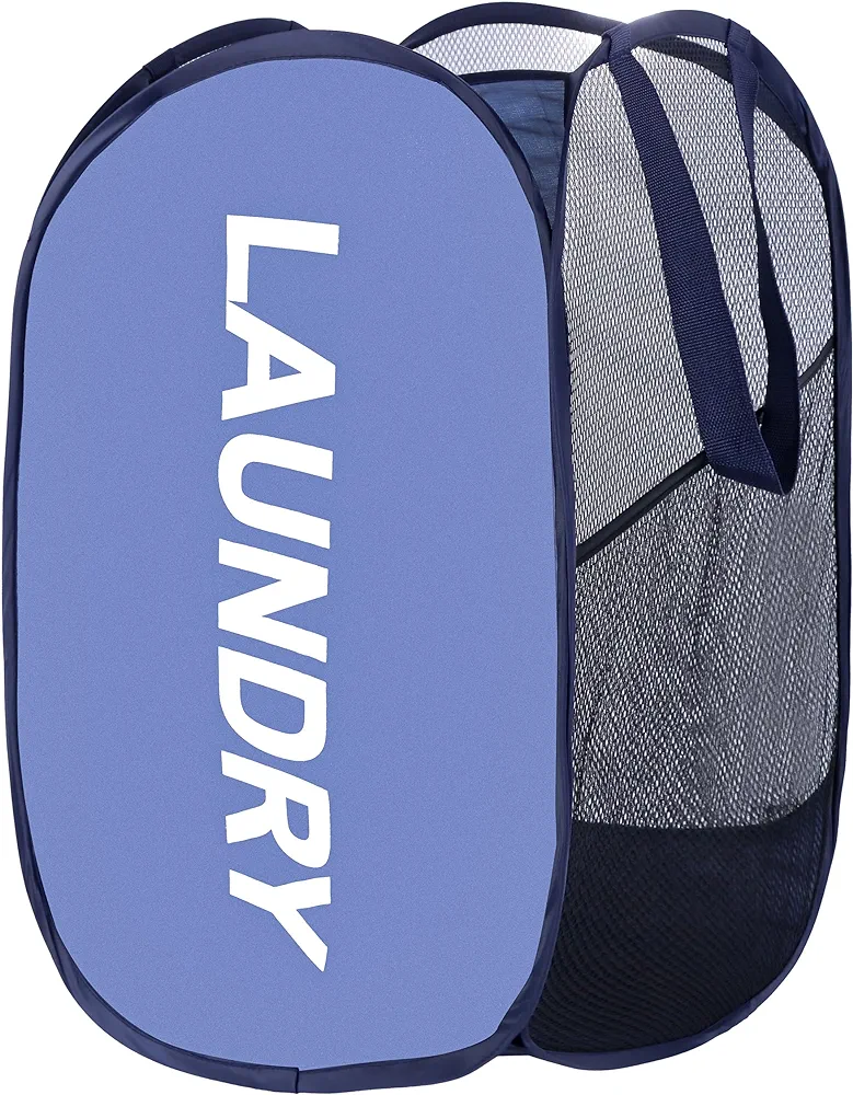 Mesh Laundry hamper,collapsible Laundry basket,Easy to Open and Fold for room storage,and Side Pockets Carry Handles for Kids Room,College Students Dorm or Travel (navy blue)