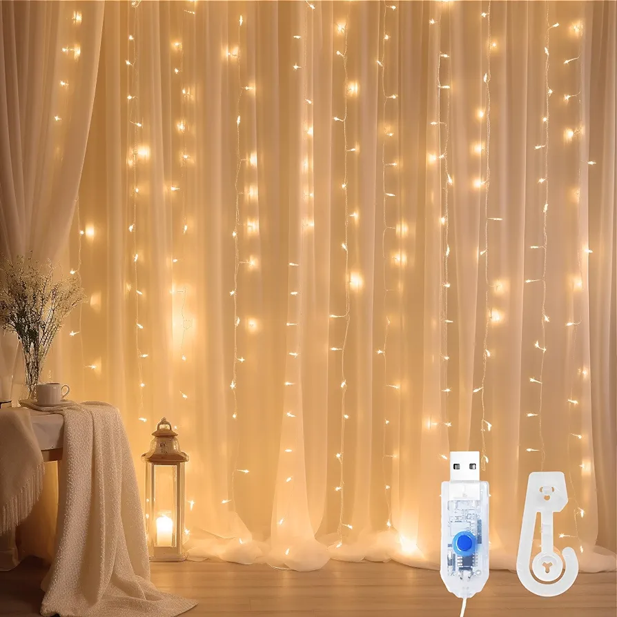 300 LED Fairy String Lights, 10x10Ft Window Curtain Hanging Light with Hooks, 8 Modes & USB Plug in Lights for Bedroom Indoor Outdoor Weddings Party Christmas Decoration (Warm White)