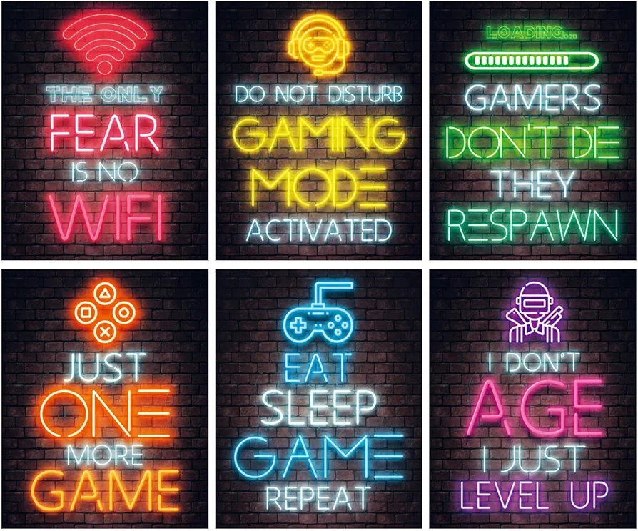 MINI ZOZI Gaming Wall Decor 8x10 6pcs Set For Boys Room Decor Gamer Bedroom Decorations Video Game Poster Neon Art Posters Cool Sign Gifts Boy & Girl Teens Teenager Kids Gameroom Videogame Setup