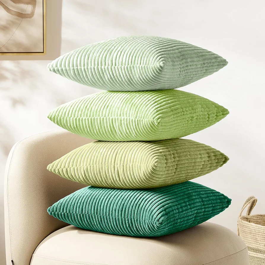 Softalker Decorative Throw Pillow Covers 20 x 20, Set of 4, Soft Corduroy Solid Striped Pillow Cover, Modern Decor Cushion Pillow Cases for Couch Sofa Bedroom Living Room, Green/Sage Green