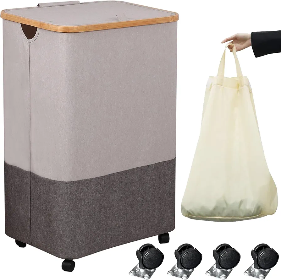 Guofa Laundry Basket with Wheels- 105L Collapsible Laundry Hamper with Lid and Removable Laundry Bag, Freestanding Dirty Clothes Hampers with Handles for Laundry, Clothes, Toys Storage