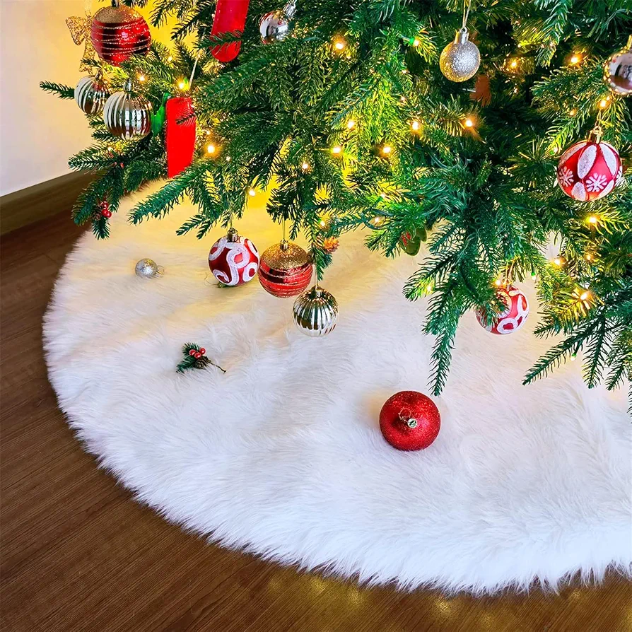 48 Inch Christmas Tree Skirt, Faux Fur White Tree Skirts for Xmas Decorations, Christmas Decorations Holiday Tree Ornaments Tree Decoration Light up Your Room, White