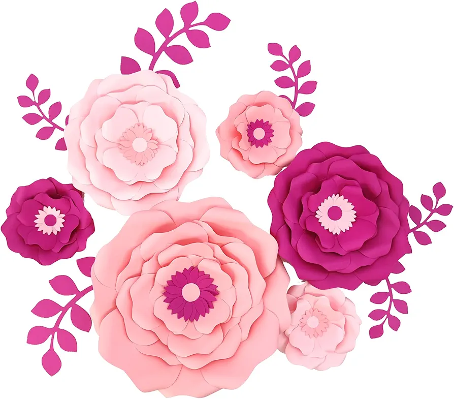 Mybbshower Fuchsia Pink Paper Flower with Leaf for Girls Birthday Nursery Room Decoration (14''-5'' Assorted) Baby Shower Engagement Tea Party Decor Pack of 6