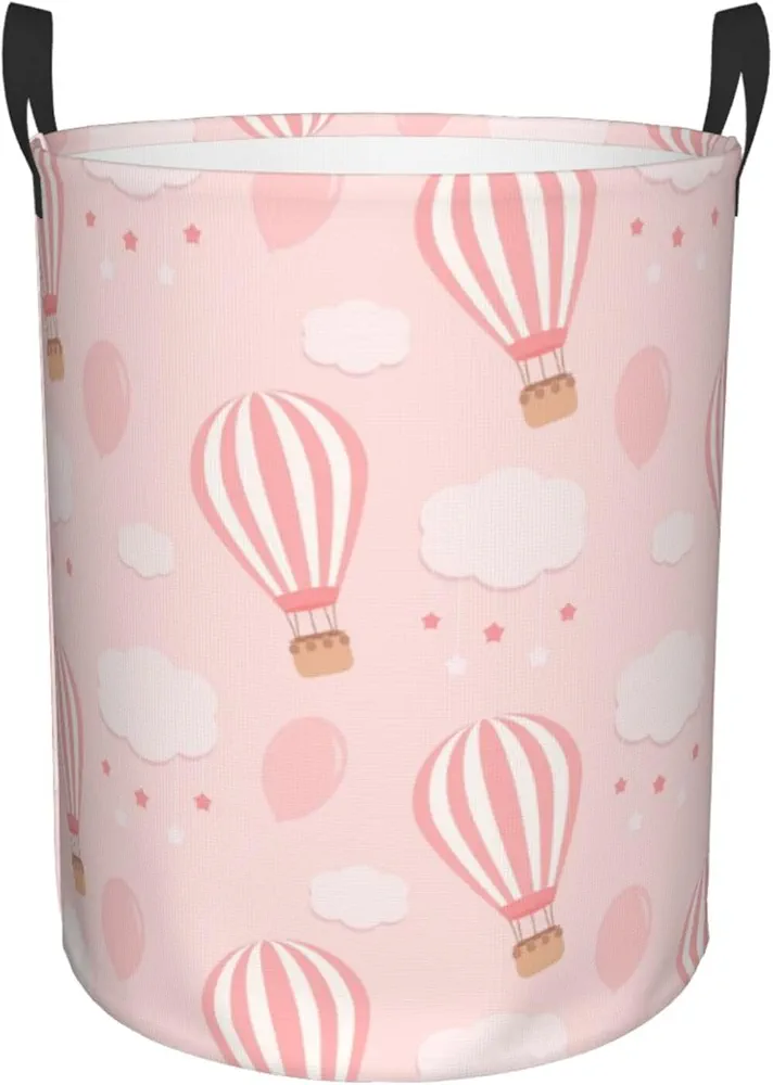 Collapsible Laundry Basket with Handles, Waterproof Oxford Fabric Cute Hot Air Balloons Pink Pattern Hamper Storage Organizer for Laundry Room Bedroom Bathroom College Dorm