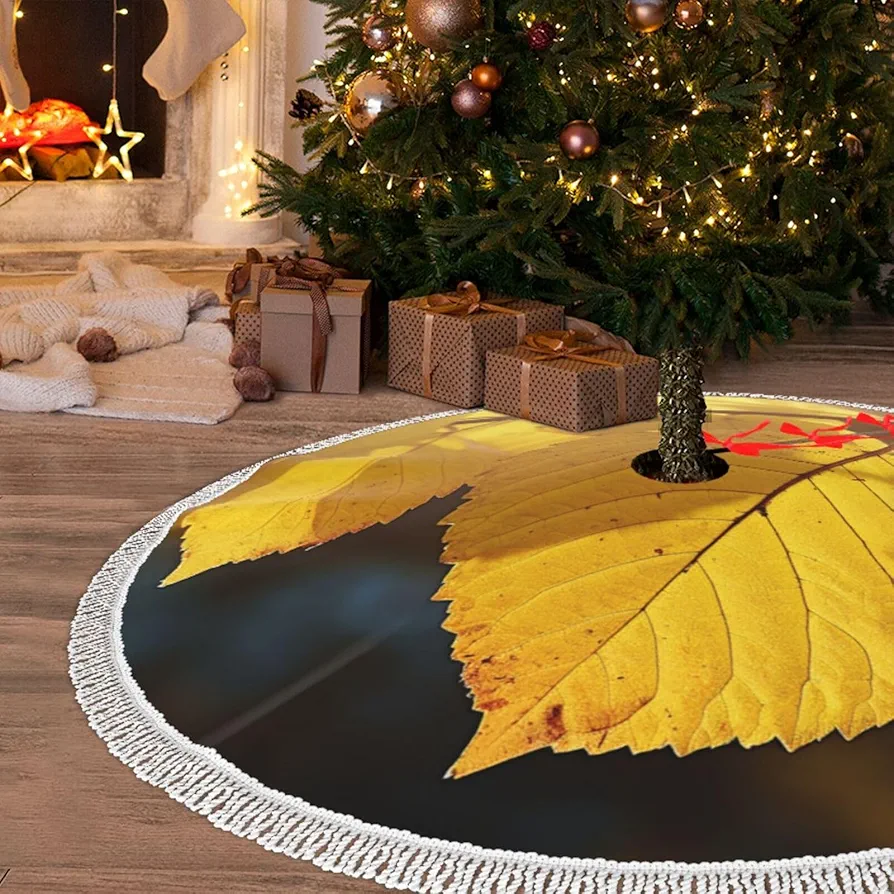 30" Christmas Tree Skirt with Tassel Yellow Leaves Xmas Tree Skirts Tassel Tree Mat Ornament for Home Indoor Outdoor Room Holiday Decoration