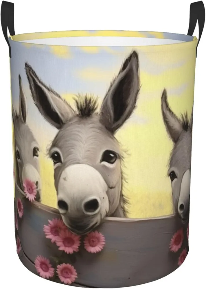 donkey and flower Print Laundry Basket Circular Laundry Hamper with Handles Waterproof Circular Hamper Dirty Clothes Basket Portable Storage Bin for Home Organizer Living Room Bathroom Car Medium