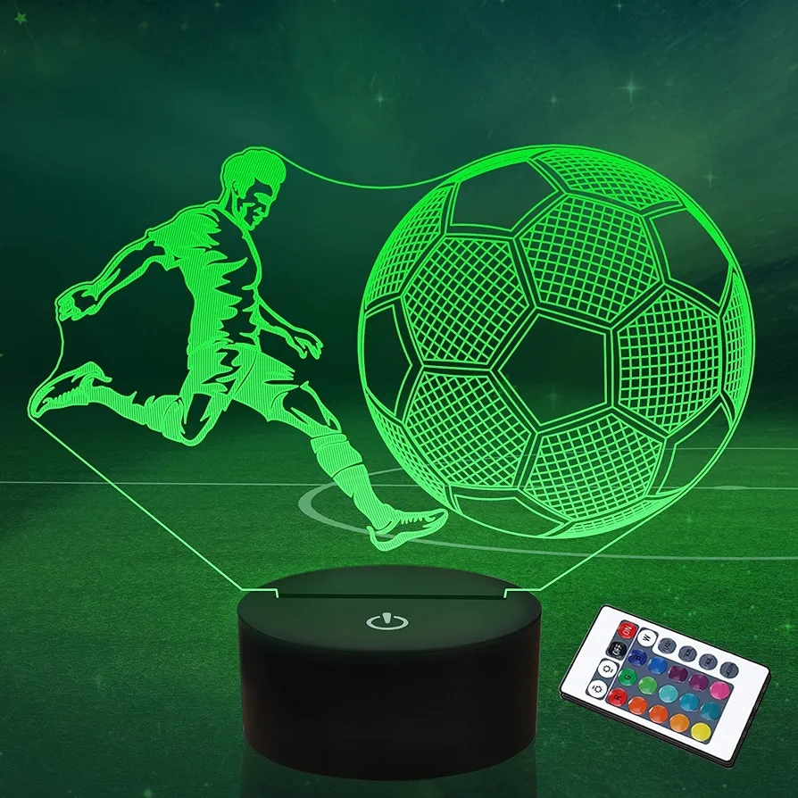 Soccer Gifts for Kids, Soccer 3D Illusion Lamp Football Night Light with Remote + Touch 16 Color Flashing Changing + Timer Desk Lamps for Boys Room Decor