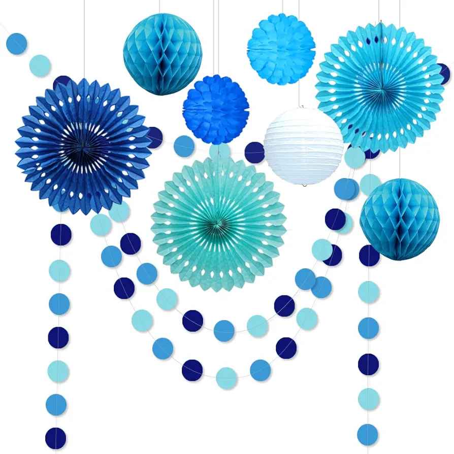 Decor365 Under The Sea Theme Blue Birthday Party Decorations Circle Garlands Paper Fan Tissue Pom Poms Decoration Hanging Decor for Mermaid Ocean Coastal Beach Baby Shower Kids Room