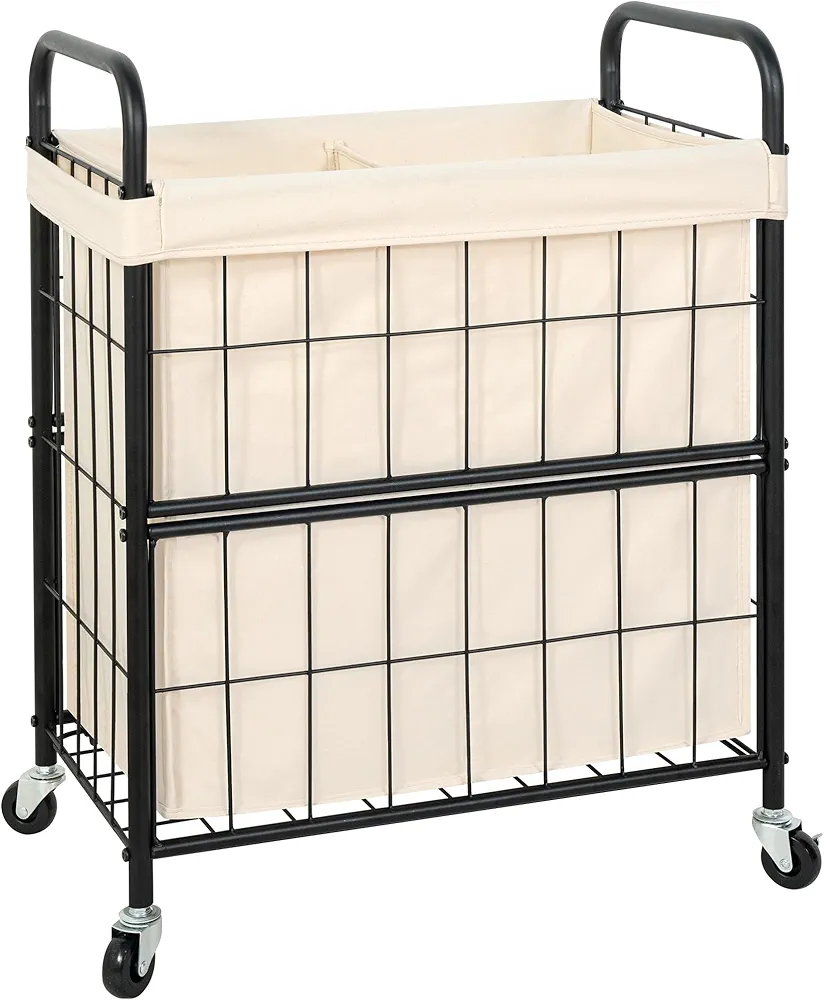 STORAGE MANIAC Laundry Hamper, Metal Frame Laundry Basket with Wheels, Rolling Laundry Sorter with Removable and Washable Liner, Heavy Duty Laundry Sorter for Laundry Room, Bathroom, 2 Section