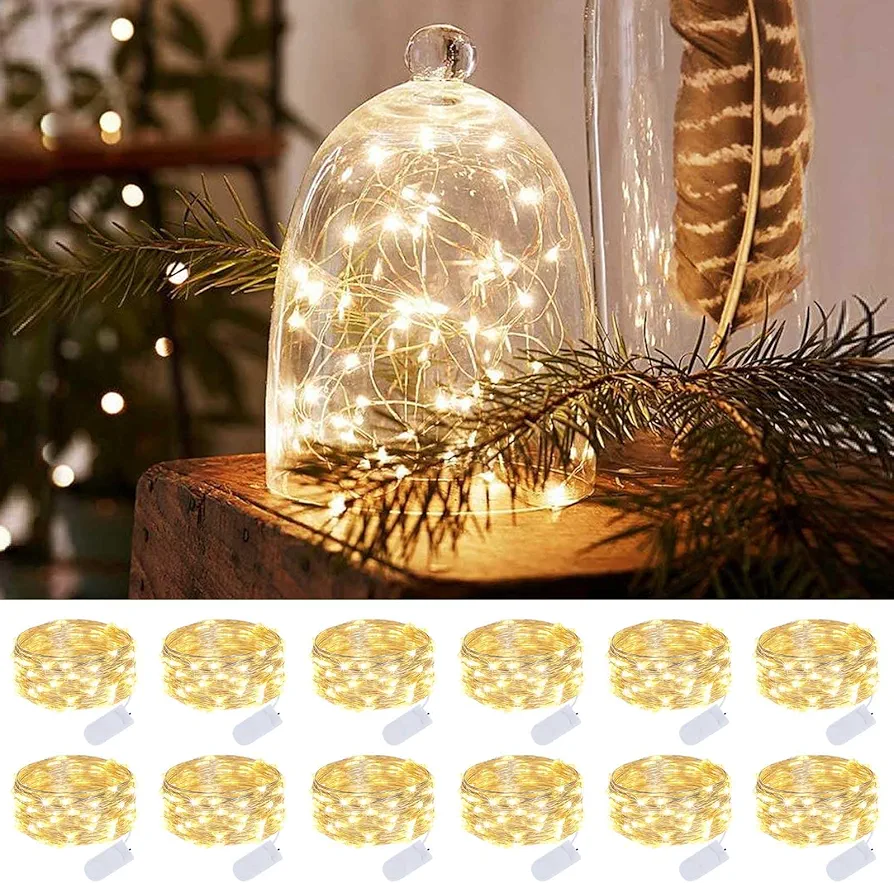 12 Pack Each 7FT 20 LED Twinkle Lights Battery Operated, DIY Waterproof Mini Christmas Fairy Lights, Silver Wire Firefly Starry Bottle Lights for Jars Centerpieces Christmas Decorations (Warm White)