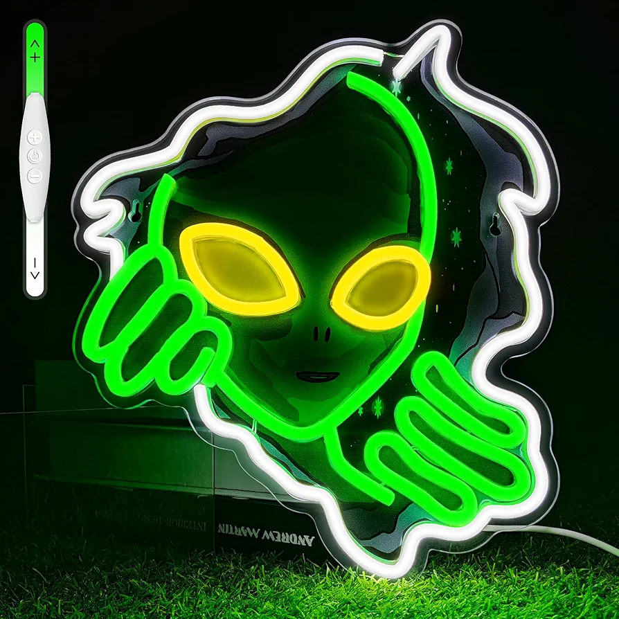 Green Alien Neon Sign USB Powered Alien LED Neon Light Signs for Man Cave Bedroom Game Room Bar Pub Party Home Decor Fantasy Gifts for Alien Fans, Teenage Boys, Kids