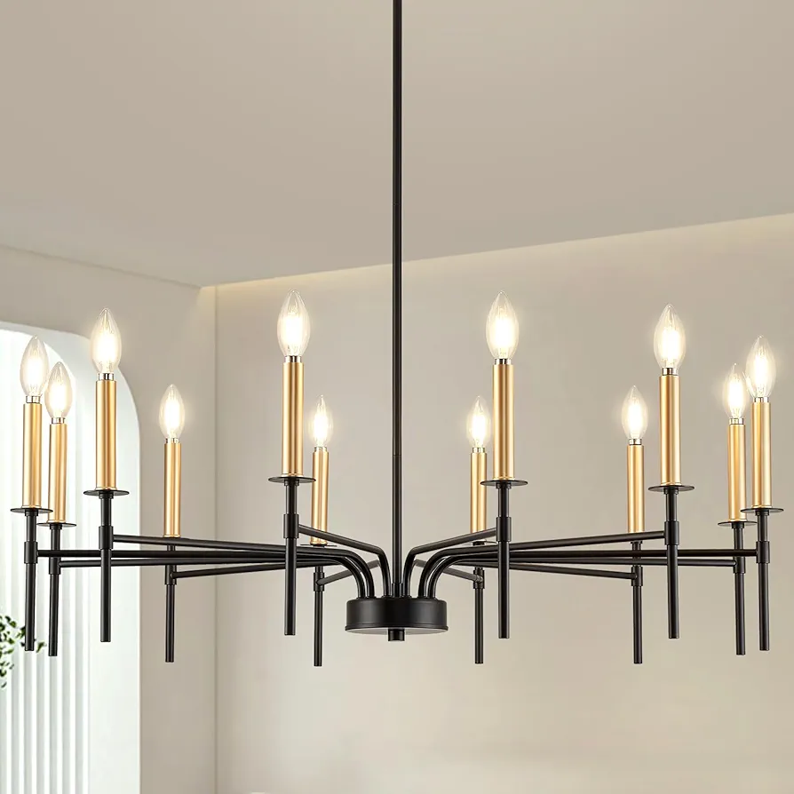 Modern Farmhouse Black and Gold Chandelier for Dining Room Light Fixture Over Table,12-Light Candle Large Chandeliers for High Ceilings Staircases Living Room Foyer Entryway Kitchen