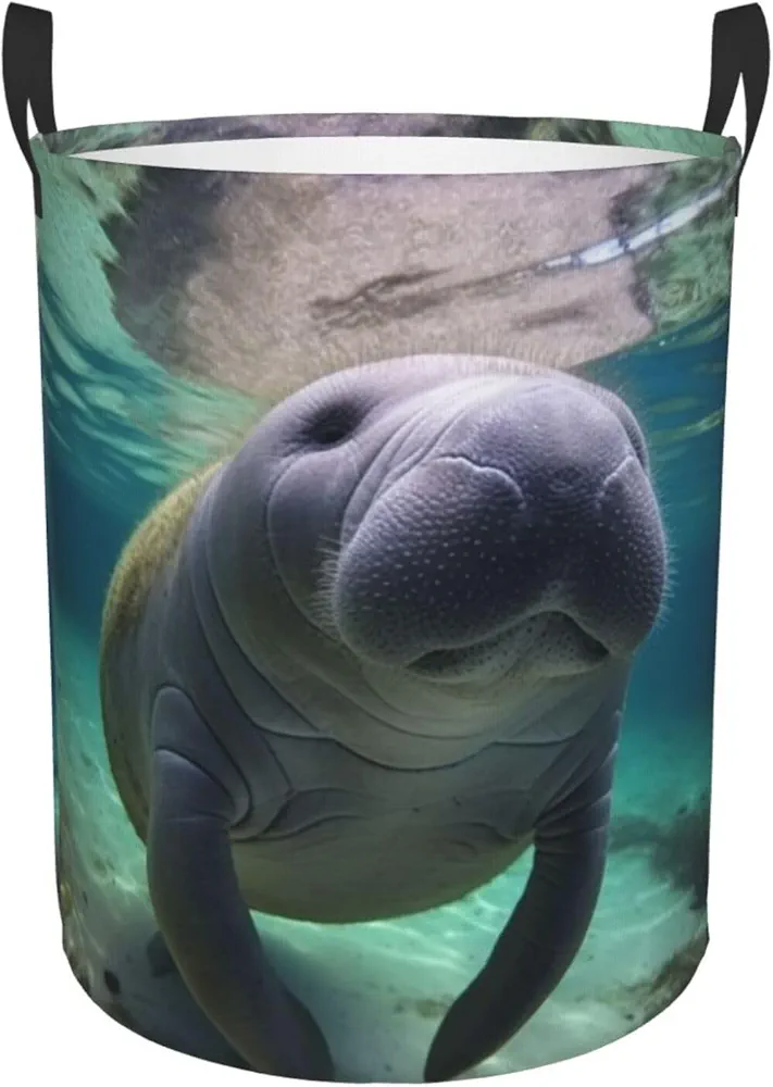 Cute Sea Animal Manatee print Laundry Basket Waterproof Laundry Hamper with Handle Collapsible Organizer Basket Circular portable Storage Bin for Kitchen Living Room Bathroom Closet Car