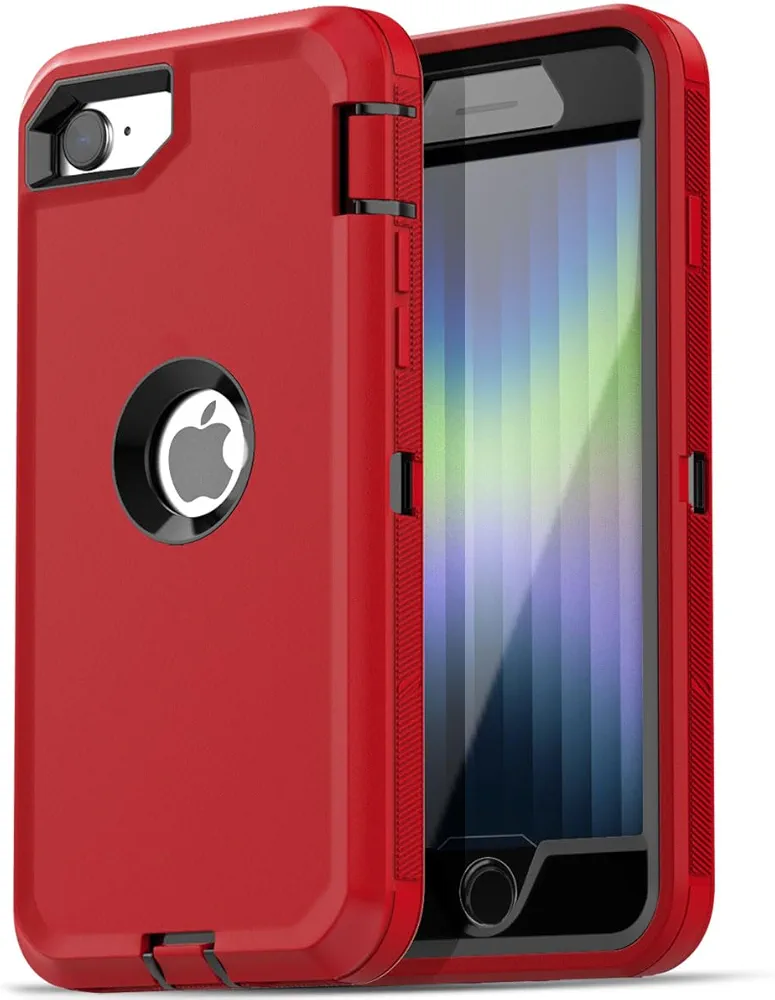 AICase for iPhone SE Case 3rd & 2nd Generation, for iPhone SE 2022/2020 Built-in Screen Protector Heavy Duty Protective Shockproof 3-Layer Full Body Rugged Phone Cover, Red/Black