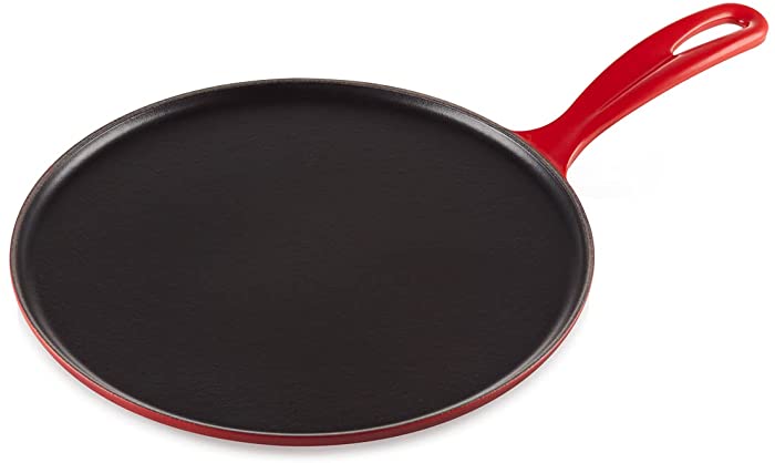 Le Creuset Enameled Cast Iron Crepe Pan with Rateau and Spatula, 10.75", Cerise