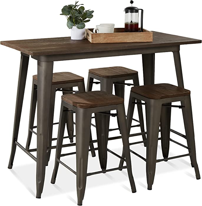 Best Choice Products 5-Piece Dining Set, Counter Height Rustic Industrial Table and Stool Set for Kitchen, Dining Room w/ 4 Backless Stools, Easy Assembly, 330lb Capacity - Brown