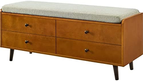 Walker Edison Mid Century Modern Wood Entryway Bench with Cushion Hallway Mudroom Metal Bedroom Bench Ottoman, 46 Inch, Acorn