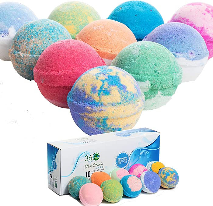 360Feel Bath Bombs Gift Set 10 Large USA made -Made with Essential Oil -All Natural Organic Bath Fizzies- Gift ready box - Aromatherapy Organic Bath Bomb for Women Men and Kids - Gift ready box