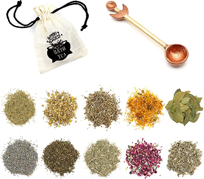 Witchy Gifts Herbal Bath Tea with 10 Herbs to Mix and Match and Reusable Empty Bath Tea Bag