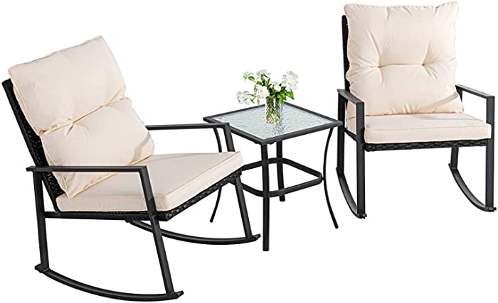 Walsunny 3 Pieces Patio Set Outdoor Wicker Patio Furniture Sets Modern Rocking Bistro Set Rattan Chair Conversation Sets with Coffee Table(Beige)