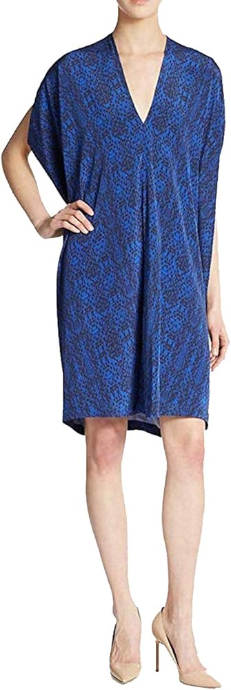 Vince Double V-Neck Printed Silk Dress (Cobalt-Coastal Combo, XXS)