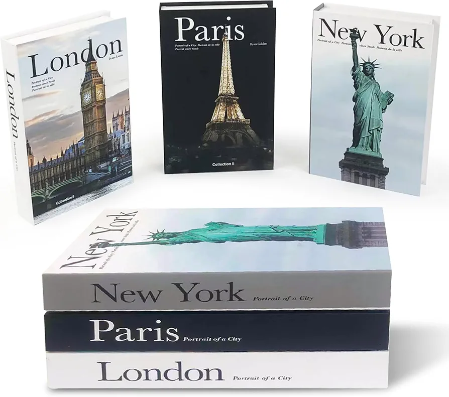 City Inspired Decorative Books - Hardcover Fake Decorative Books for Coffee Table/Shelves with No Pages - Lightweight Aesthetic Book Display Stack for Minimalist Office/Home Décor - Set of 3