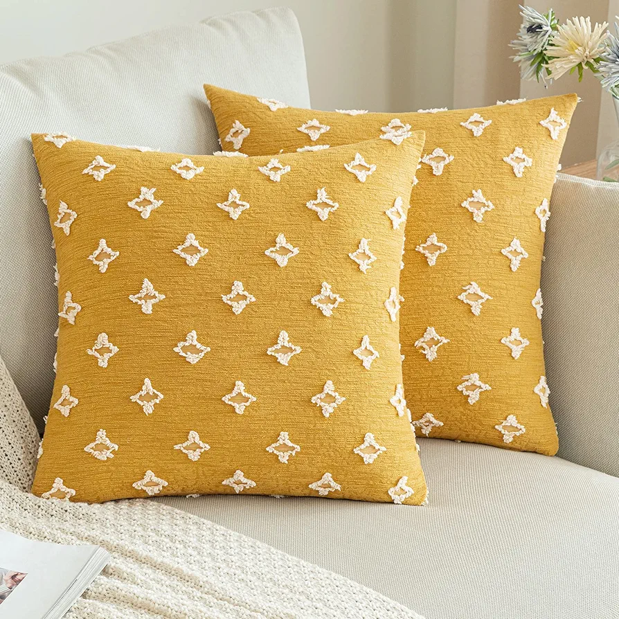 Pack of 2 Yellow Boho Decorative Throw Pillow Covers with Tufted Rhombic Jacquard for Fall Room Decor Boho Pillow Covers Decorations 20x20 Cute and Soft Pillowcase for Couch Sofa Living Room