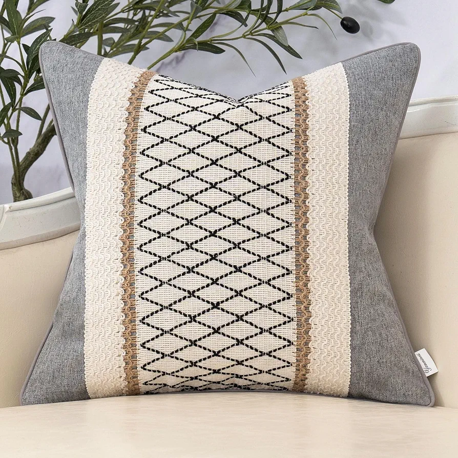 Grey Boho Linen Throw Pillow Cover Farmhouse Burlap Cushion Case Neutral Woven Pillowcase for Sofa Couch Bedroom Living Room Home Decor,18x18 Inch, jiaocha-huise4545