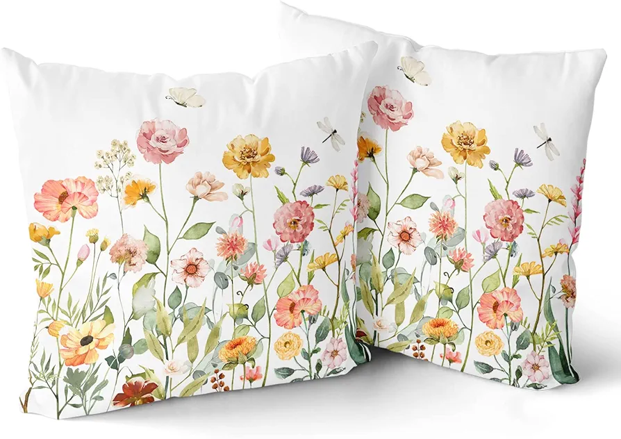 Giwawa Throw Pillow Covers Wild Flowers - Botanical Spring Floral Butterfly Colorful Decorative Pillow Case for Sofa Couch Bedroom Living Room Car Home Decor 18x18 Inches Summer Pillowcase Set of 2