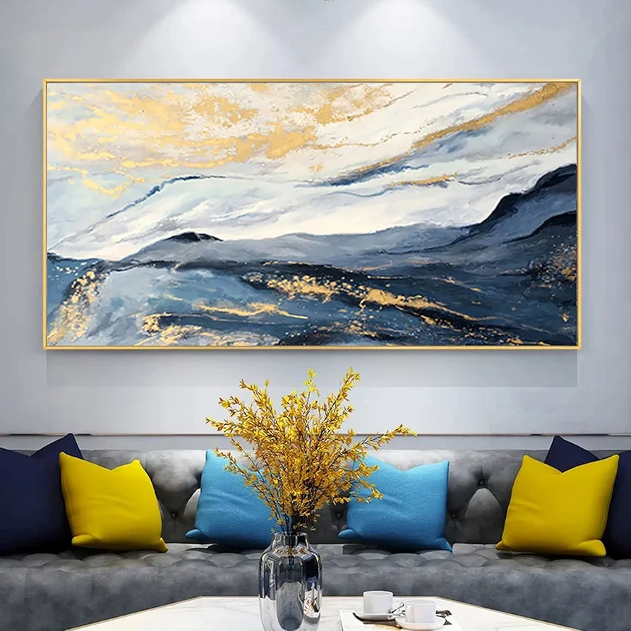 Large Framed Canvas Art Wall for Living Room, Bedroom Blue Abstract Ink Painting Artwork for Home Decoration Picture Framed Ready to Hang 24x48 inches