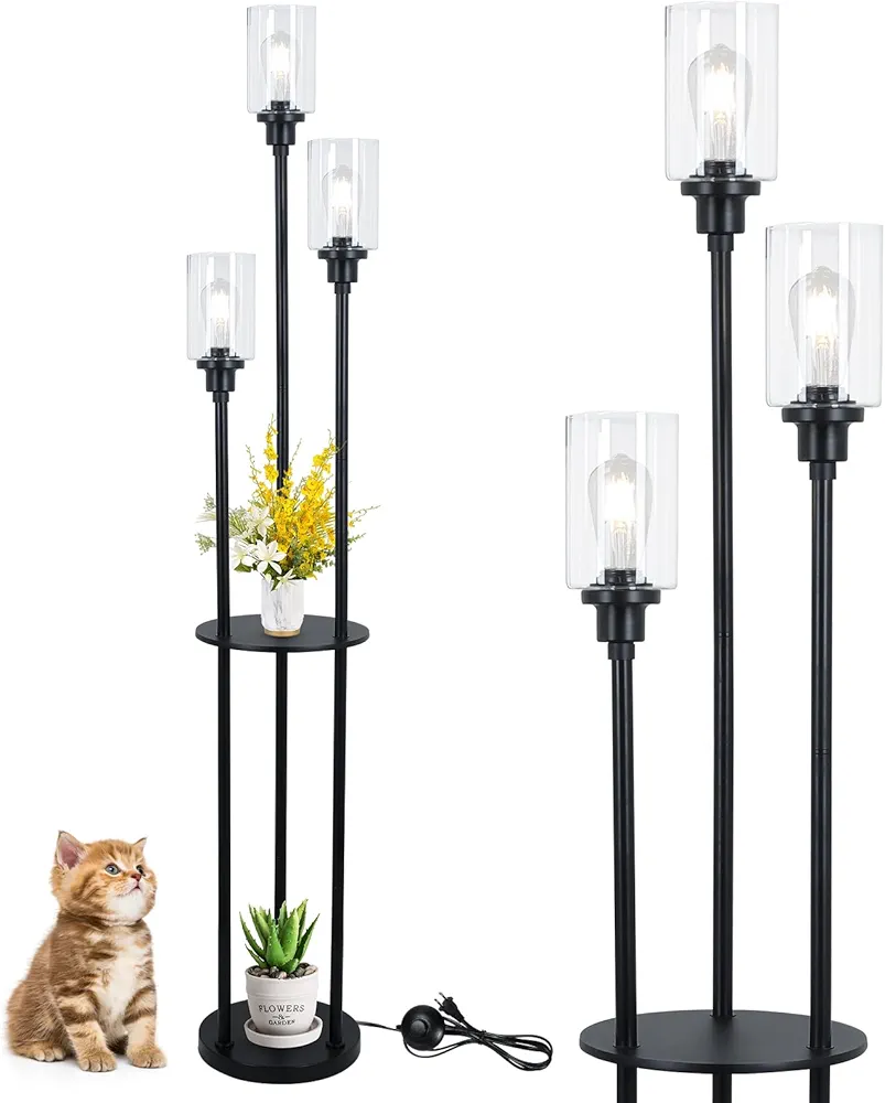 HMVPL Floor Lamps for Living Room, 3-Lights Modern Floor Lamp with Shelves, Farmhouse Standing Lamp with Glass Shades, On/Off Foot Switch, Black Industrial Tall Lamp for Bedroom Office Corner(66")