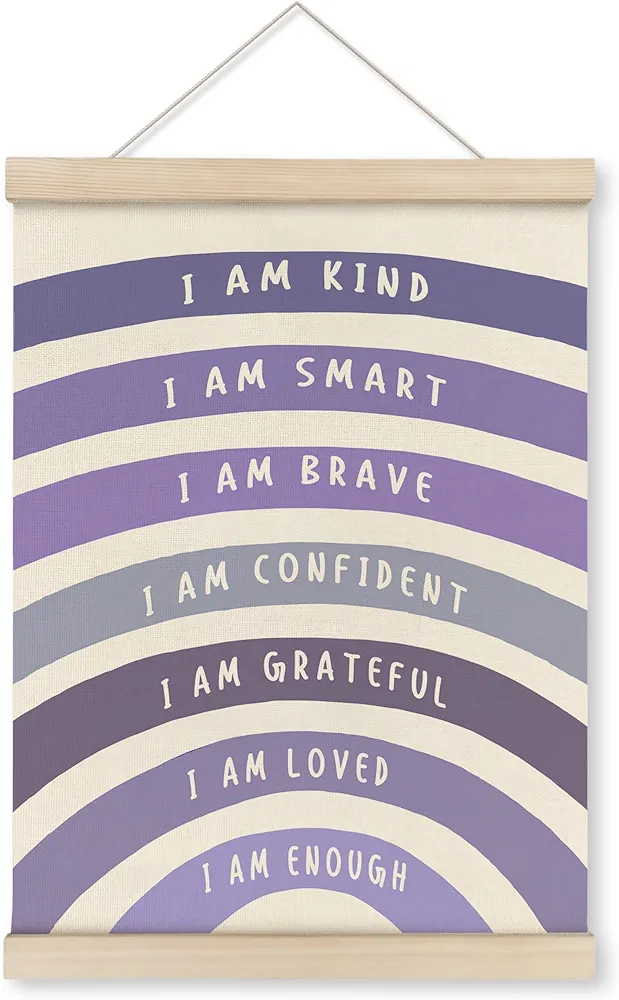 HRQKO Purple I Am Kind Smart Poster Hanger Frame, Boho Rainbow Classroom Wall Art with Wooden Frames, Positive Affirmation Hanging Wall Decor for Nursery Girls Room, Mental Health Decor,12x16 inch