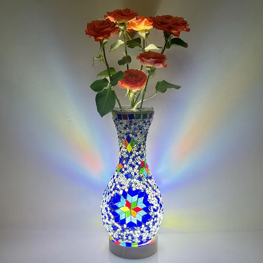 Turkish Moroccan Table Lamp Mosaic Vase Lamp Handmade Glass Vase with Wood Base Decorative Bedside Lighting for Bedroom, Living Room, Farmhouse - USB Plug