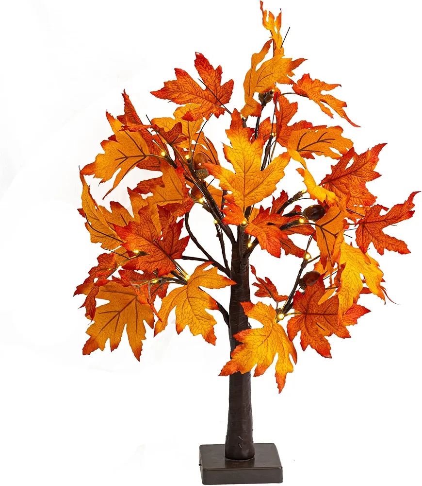 Dazzle Bright 24 Inch Lighted Thanksgiving Fall Maple Tree Decor, 24 LED Battery Operated Decorations Artificial Tree with Timer for Indoor Home Room Holiday Xmas Party